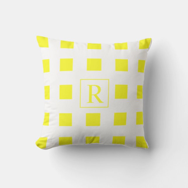 Yellow White Square Geometric Patterns Monograms Outdoor Pillow (Front)