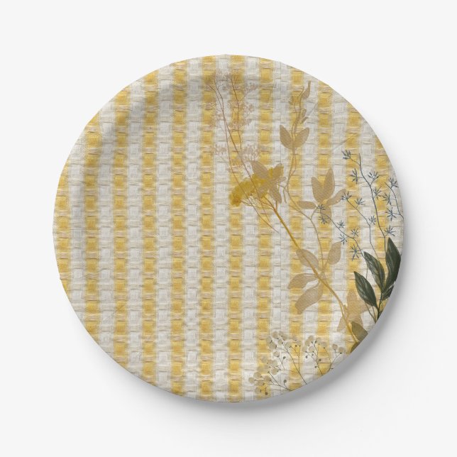 Yellow White Stripe Floral Gingham Plaid Farmhouse Paper Plate (Front)