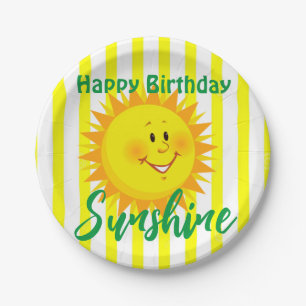 Yellow & White Stripe Happy Birthday Paper Plates