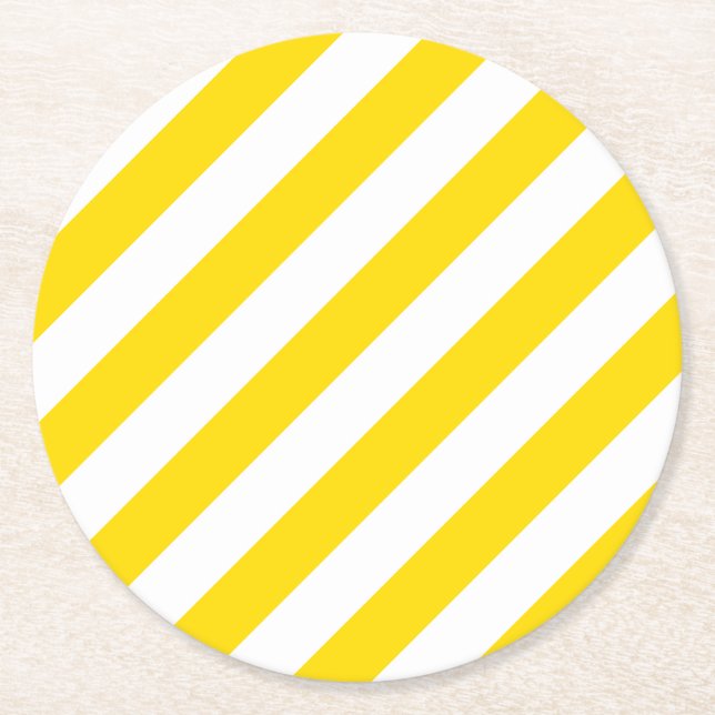 Yellow White Striped Template Trend Colours Elegan Round Paper Coaster (Front)
