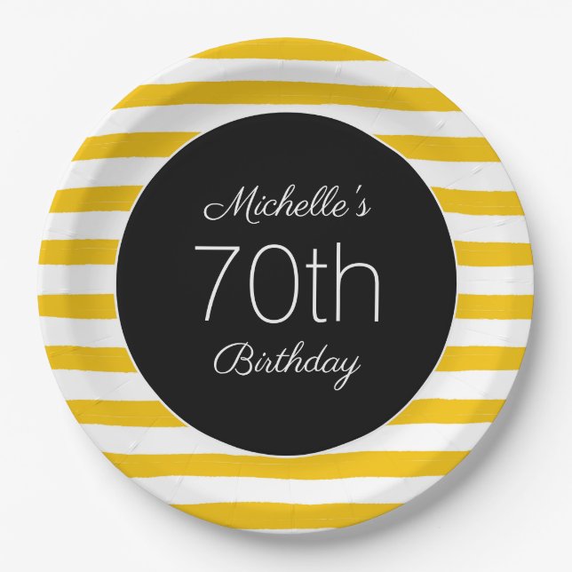 Yellow White Stripes Black 70th Birthday  Paper Plate (Front)