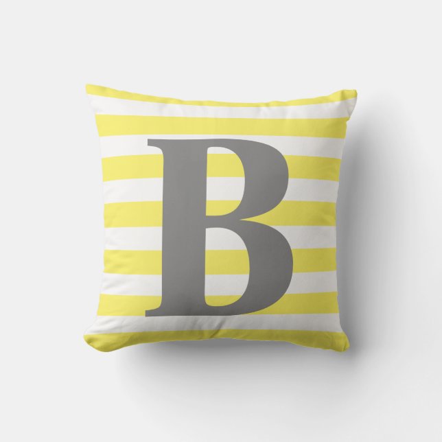 Yellow White Stripes Monogram Initial Square Outdoor Pillow (Front)