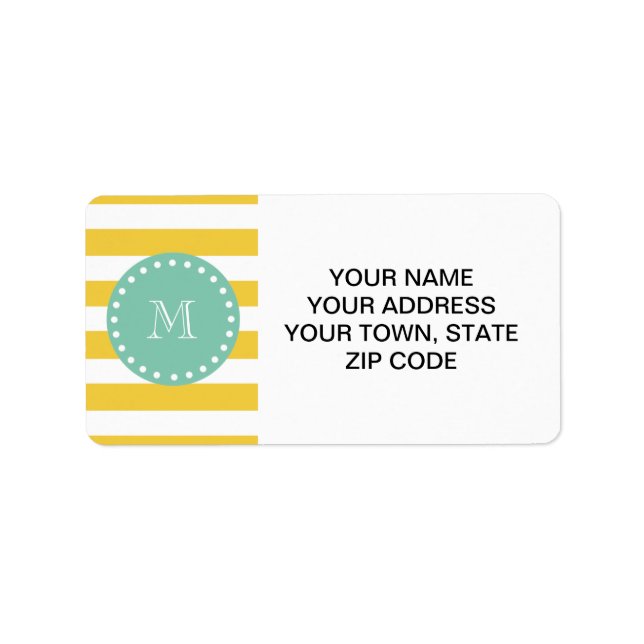Yellow White Stripes Pattern, Mint Green Monogram Label (Front)