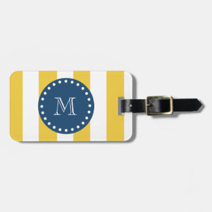 Yellow White Stripes Pattern, Navy Blue Monogram Luggage Tag