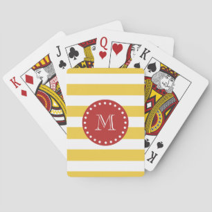 Yellow White Stripes Pattern, Red Monogram Playing Cards