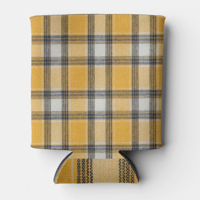Yellow White Tartan Texture Background Can Cooler (Front)