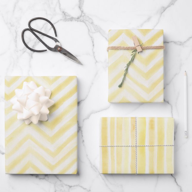 Yellow White Zigzag Stripes Birthday Wrapping Paper Sheet (Front)