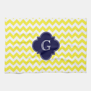 Yellow Wht Chevron Navy Blue Quatrefoil Monogram Kitchen Towel