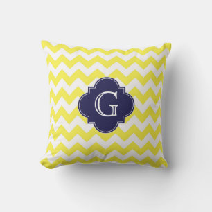 Yellow Wht Chevron Navy Blue Quatrefoil Monogram Throw Pillow