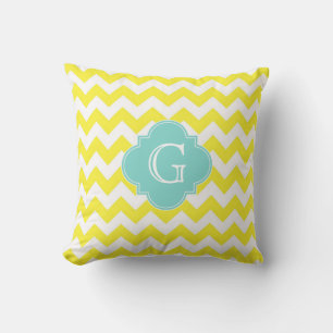 Yellow Wht Chevron Zigzag Aqua Quatrefoil Monogram Throw Pillow