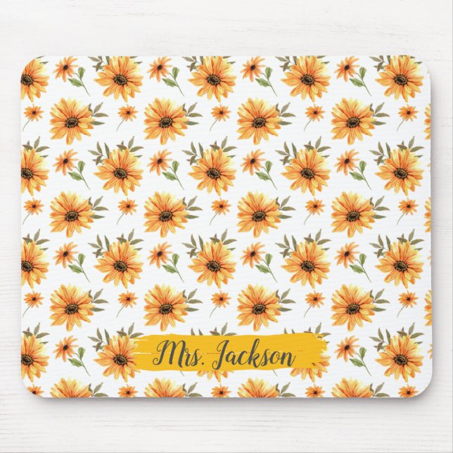 Yellow Wild Sunflower Greenery Name Personalized Mouse Pad (Front)