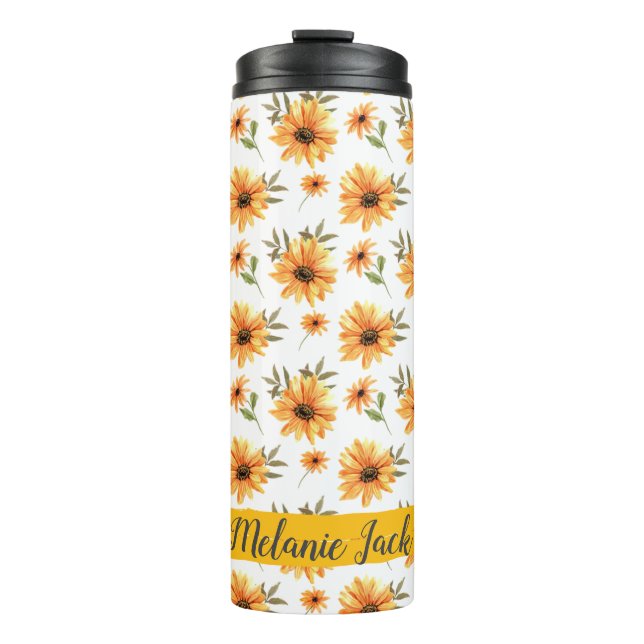 Yellow Wild Sunflower Greenery Name Personalized Thermal Tumbler (Front)