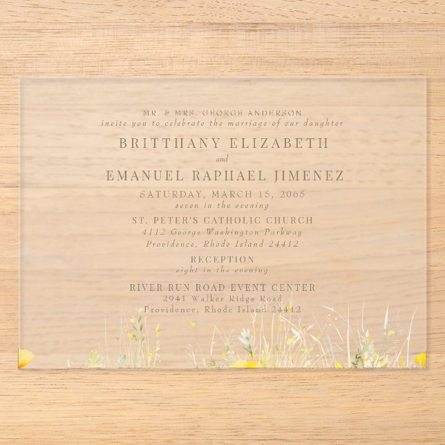 Yellow Wildflower Bride Parents 2 Venue Wedding II Acrylic Invitations (Front)