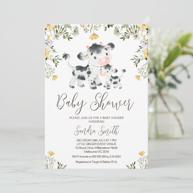 Yellow Wildflower Cow Calf Baby Shower  Invitation (Standing Front)