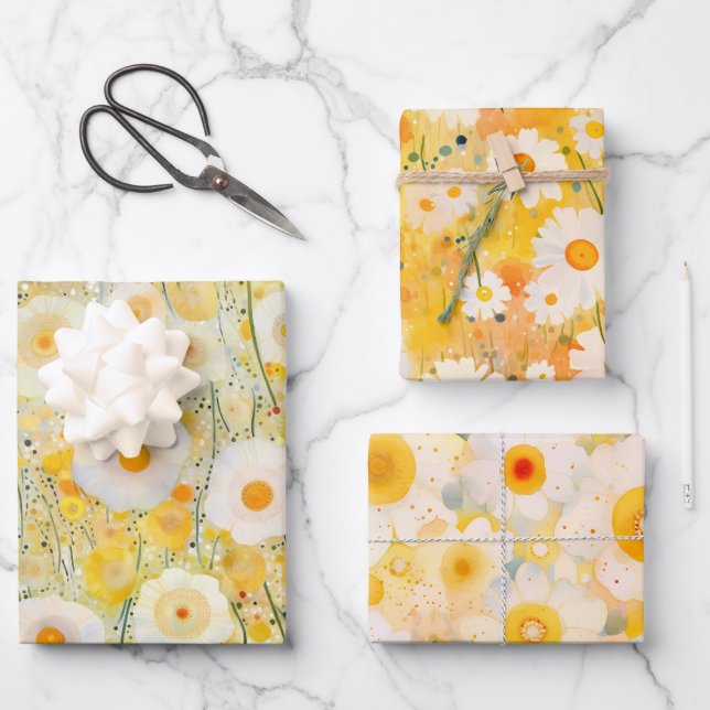 Yellow Wildflower Floral Patterns Happy Fun Wrapping Paper Sheet (Front)