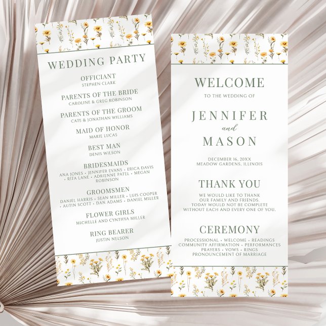 Yellow wildflower rustic wedding program card (Creator Uploaded)