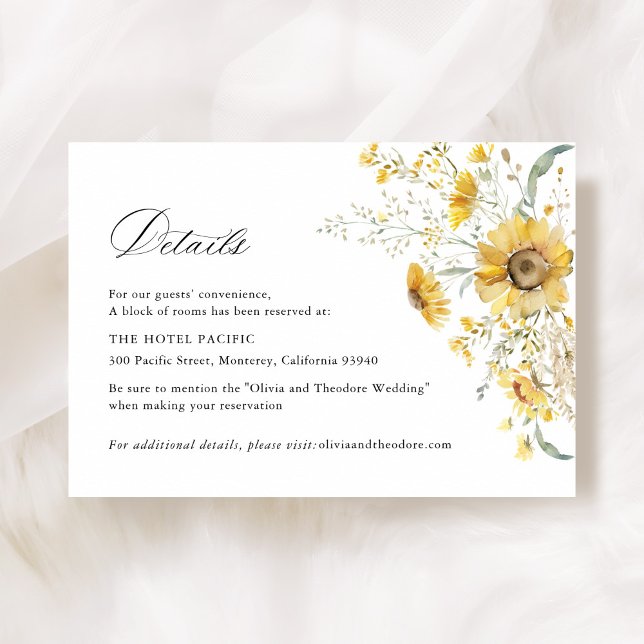 Yellow Wildflower Sunflower Wedding Hotel Details Enclosure Card (Yellow sunflower wildflower wedding hotel accommodation details card, floral wedding stationery)