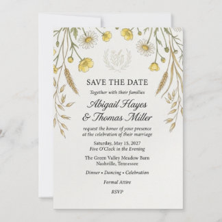 Yellow Wildflowers, Daisies, Wheat, Botanical Cres Invitation