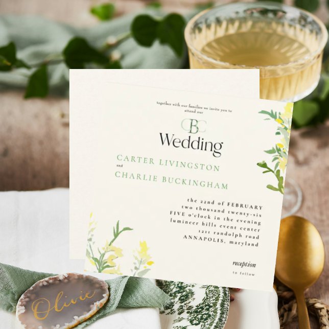 Yellow Wildflowers Monogram Square Wedding Invitation (Creator Uploaded)