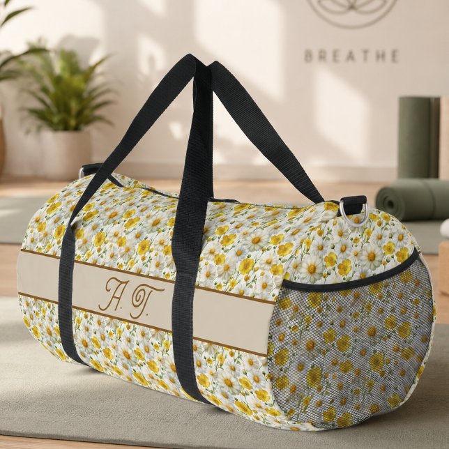 Yellow Wildflowers Pattern Monogram Name Duffle Bag (Creator Uploaded)