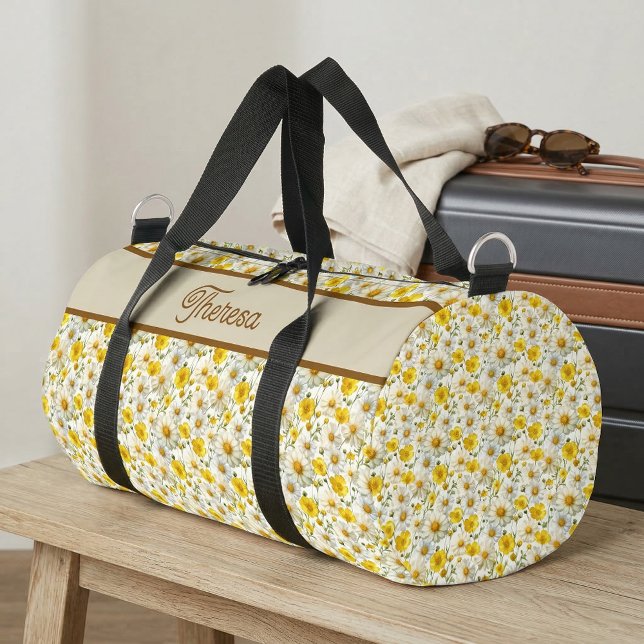 Yellow Wildflowers Pattern Monogram Name Duffle Bag (Creator Uploaded)