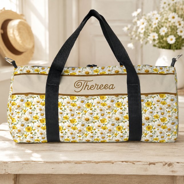 Yellow Wildflowers Pattern Monogram Name Duffle Bag (Creator Uploaded)