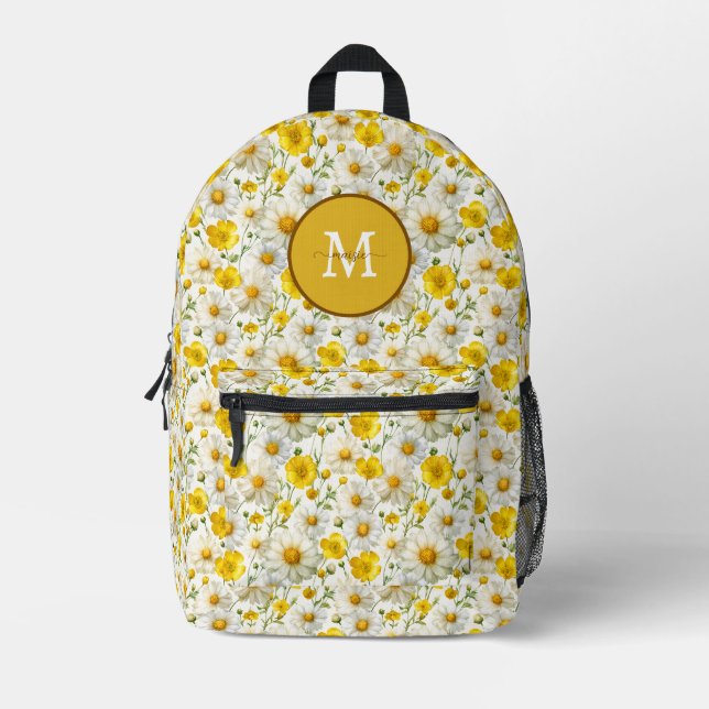 Yellow Wildflowers Pattern Monogram Name Printed Backpack (Front)