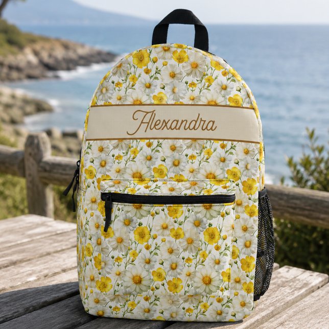 Yellow Wildflowers Pattern Monogram Name Printed Backpack (Creator Uploaded)