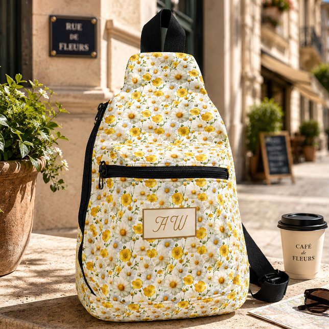 Yellow Wildflowers Pattern Monogram Name Sling Bag (Creator Uploaded)