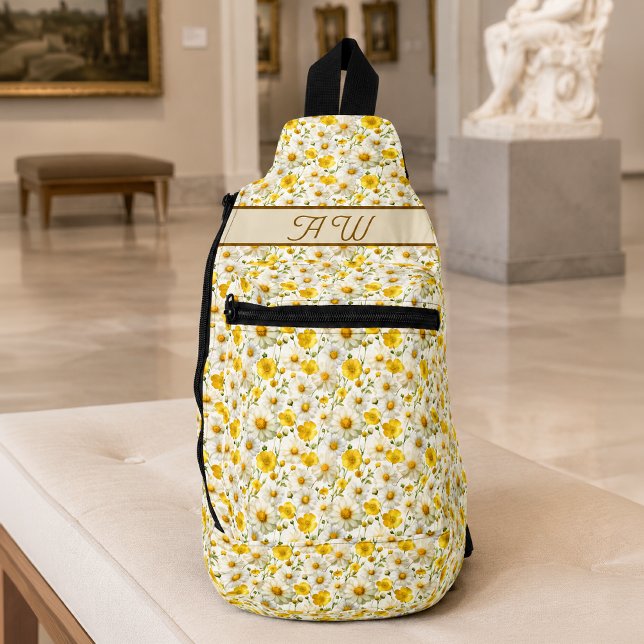 Yellow Wildflowers Pattern Monogram Name Sling Bag (Creator Uploaded)