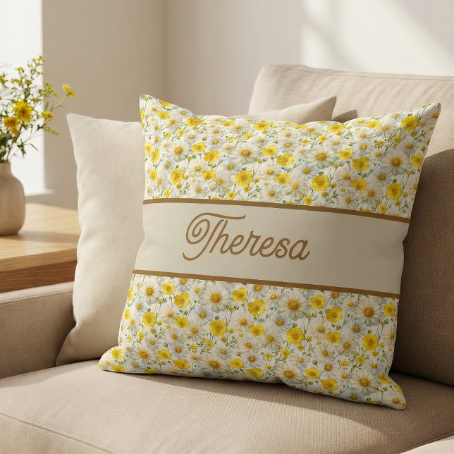 Yellow Wildflowers Pattern Monogram Name Throw Pillow (Creator Uploaded)