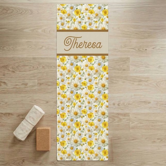 Yellow Wildflowers Pattern Monogram Name Yoga Mat (Creator Uploaded)