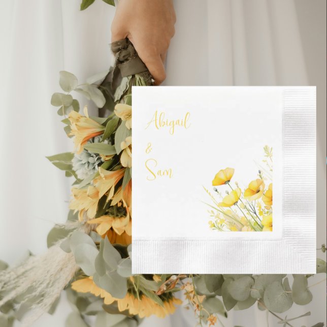 Yellow Wildflowers Personalized Wedding Cocktail Napkin (Creator Uploaded)