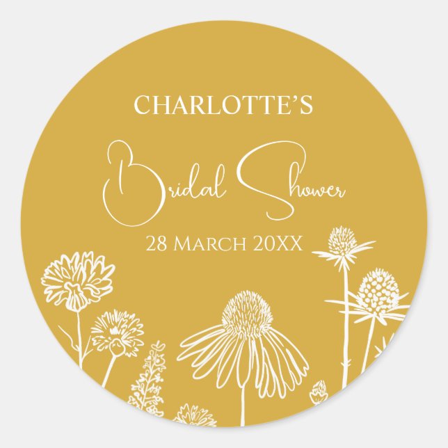 Yellow Wildflowers Sketched Floral  Classic Round Sticker (Front)