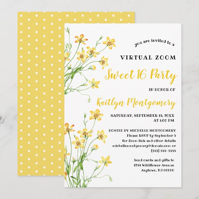 Yellow Wildflowers Virtual Sweet 16 Birthday Party Invitation (Front/Back)