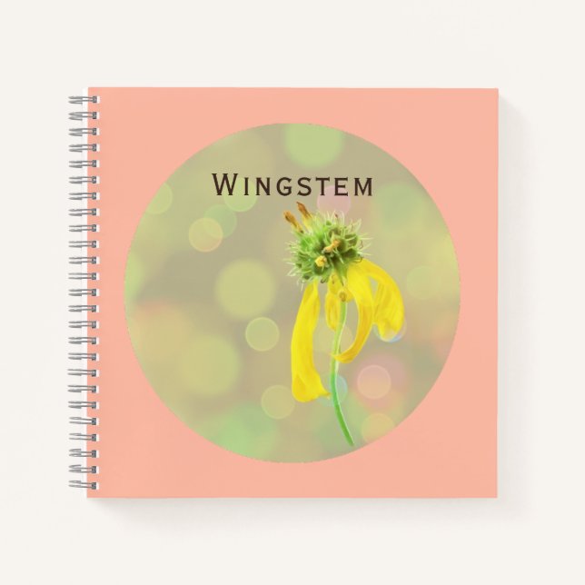 Yellow Wingstem Flower on Rose Bud Spiral Notebook (Front)