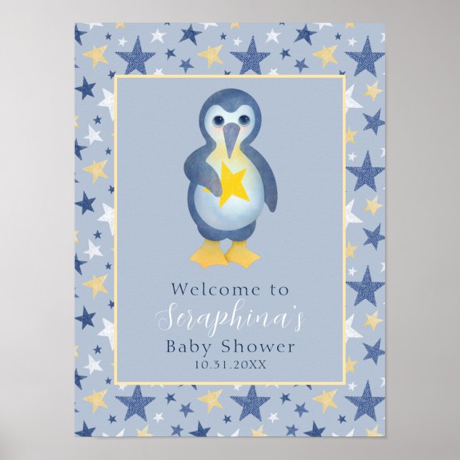 Yellow Winter Star Penguin Baby Shower Welcome Poster (Front)