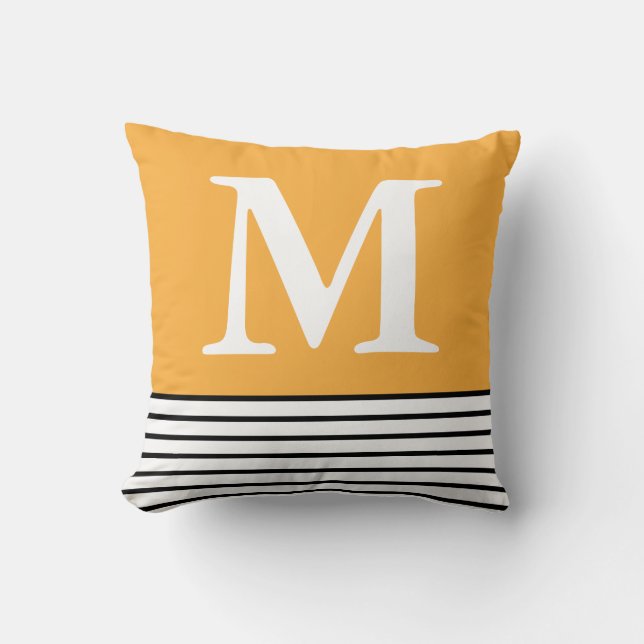 Yellow With B/W Stripes Custom Monogrammed Throw Pillow (Front)