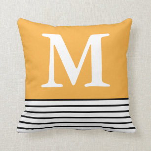 Yellow With B/W Stripes Custom Monogrammed Throw Pillow