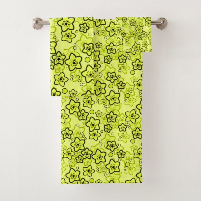 Yellow with black bright neon floral pattern bath towel set (Insitu)