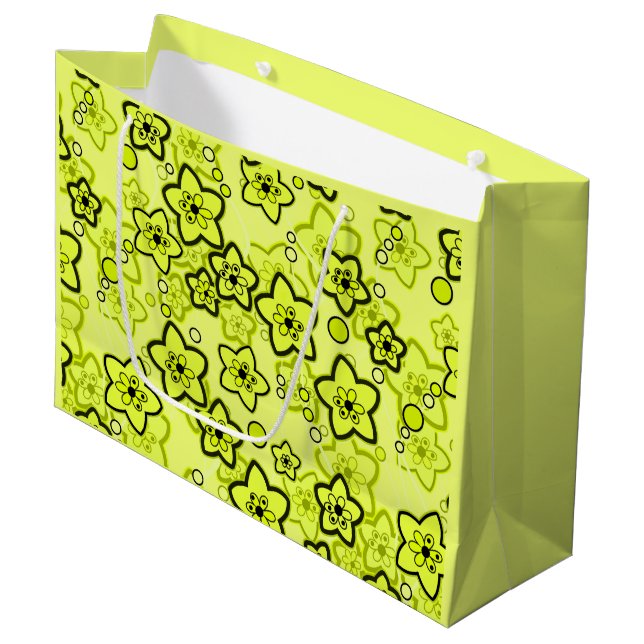 Yellow with black bright neon floral pattern large gift bag (Front Angled)