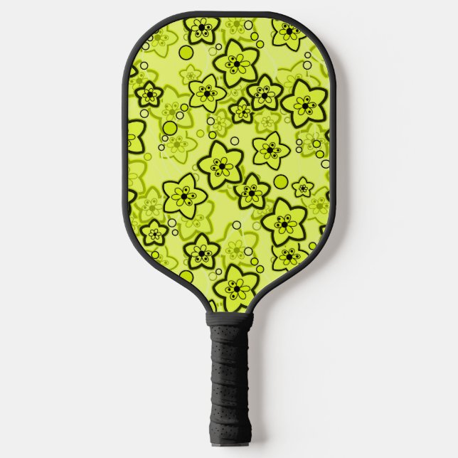 Yellow with black bright neon floral pattern pickleball paddle (Front)