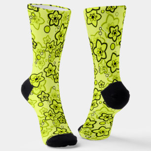 Yellow with black bright neon floral pattern socks