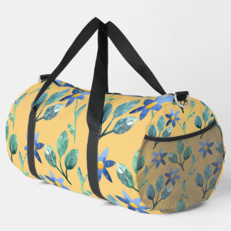 YELLOW WITH BLUE WATERCOLOR FLOWERS & LEAVES DUFFLE BAG