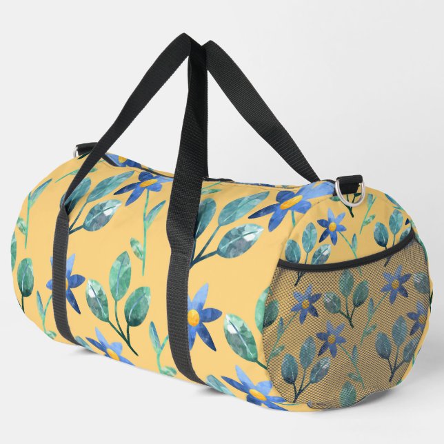 YELLOW WITH BLUE WATERCOLOR FLOWERS & LEAVES DUFFLE BAG (Right Corner)