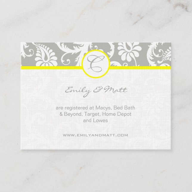 Yellow with Grey Damask Wedding Info Cards (Front)