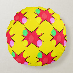 Yellow with large coloured patterns round pillow