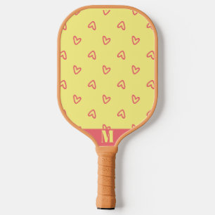 Yellow with Pink Hearts Modern Monogram Pickleball Paddle