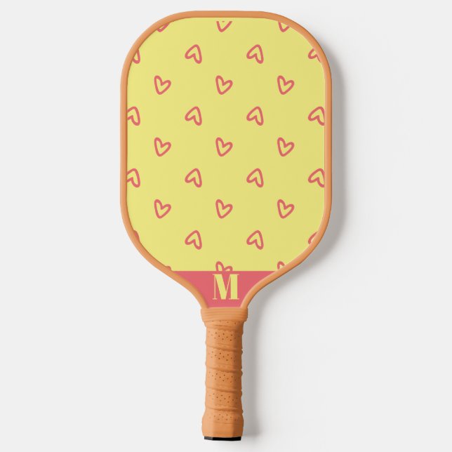Yellow with Pink Hearts Modern Monogram Pickleball Paddle (Back)