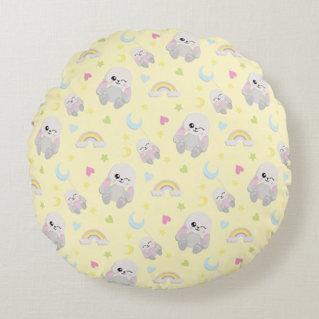 YELLOW WITH PLUSH BUNNIES MOONS STARS ROUND PILLOW (Front)